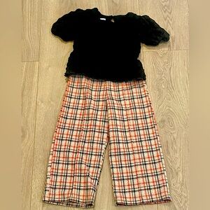 Bonnie Jean Black Top and Plaid Pants Set